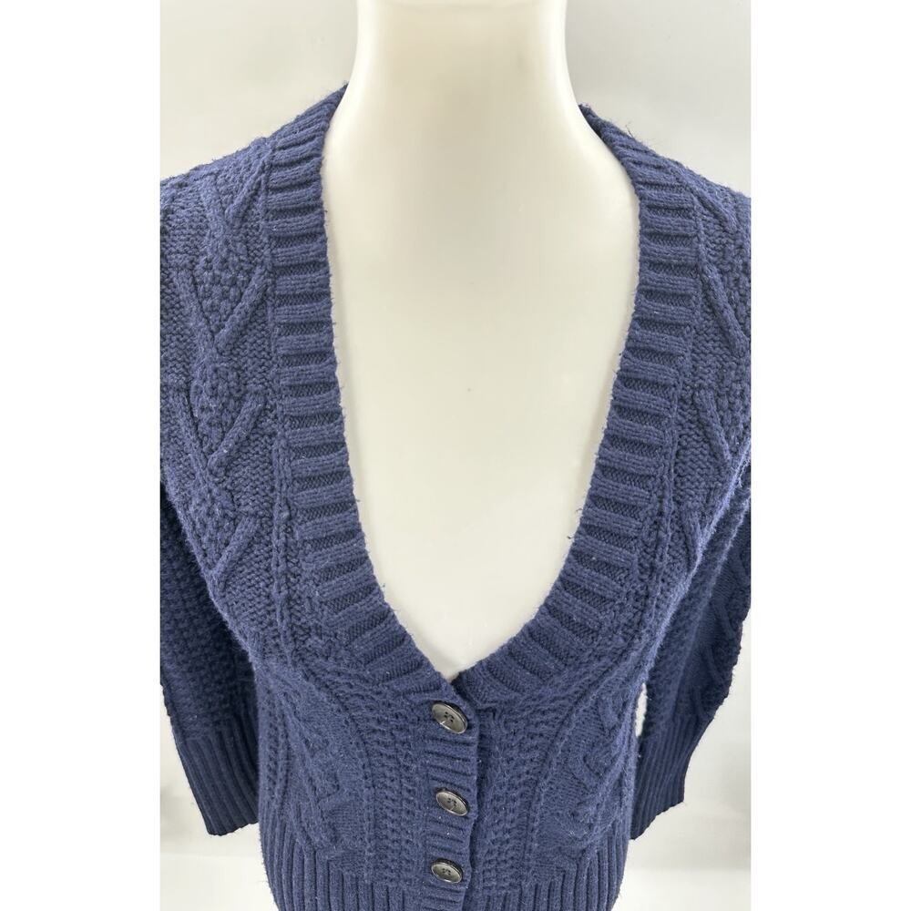 GAP Women’s Medium Navy Cable Knit Button Front Cardigan Sweater Wool Blend - Picture 2 of 6